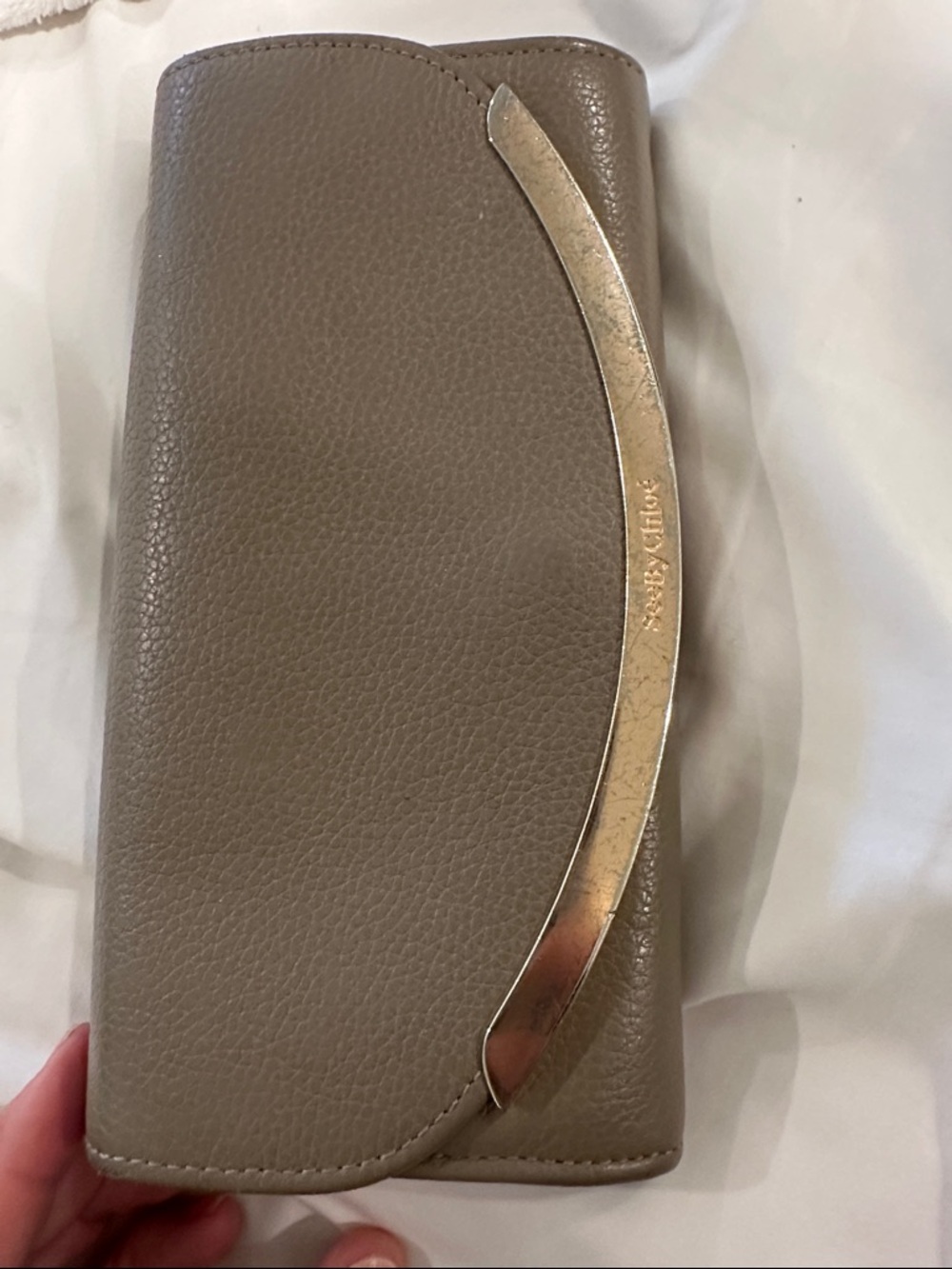 SeeBy  Chloe Taupe Pebbled Leather Continental Wallet with Gold Trim